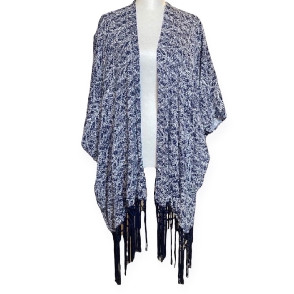 LA Made Fringe Kimono Dolman Sleeve Wrap size women's medium - navy blue